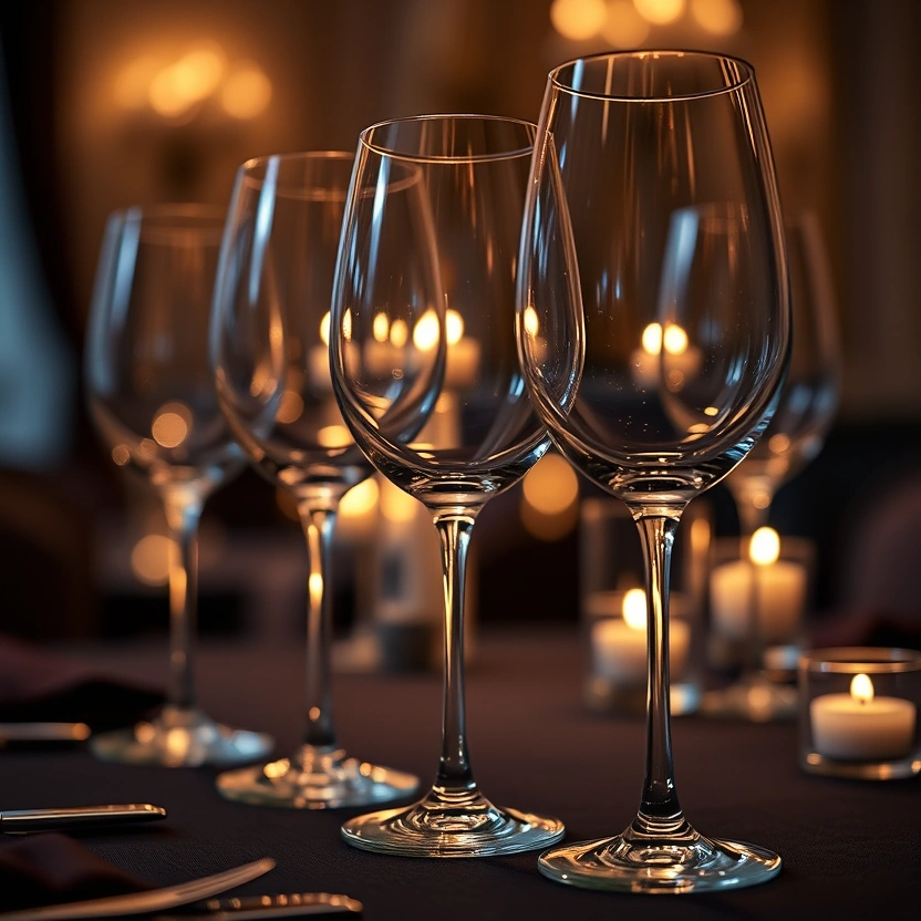 Crystal glassware catching warm candlelight
