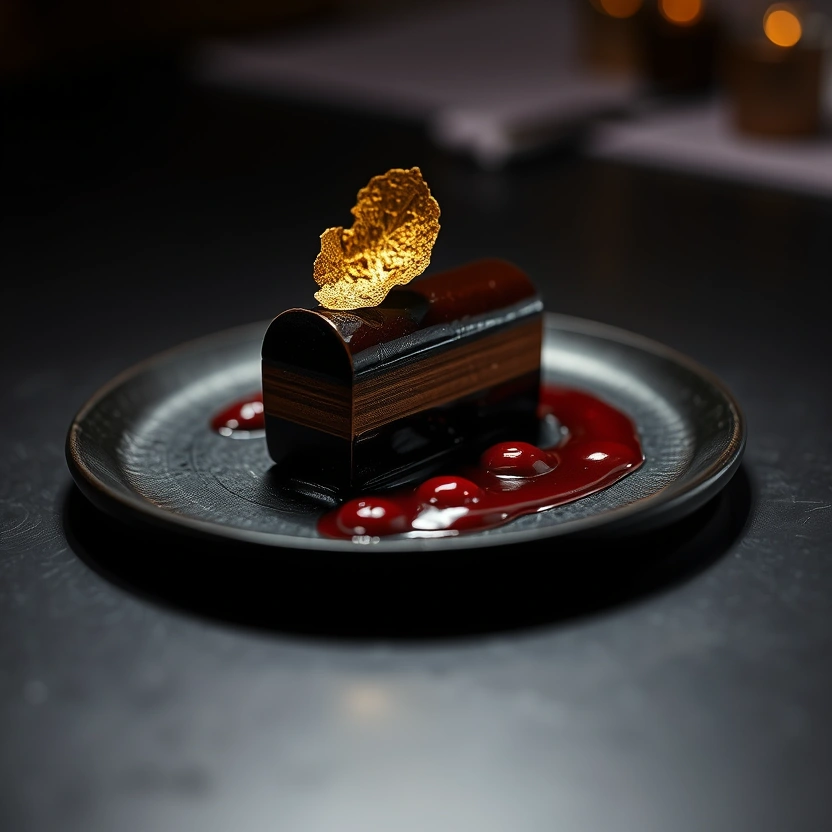 Dark chocolate fondant with gold leaf and berry coulis