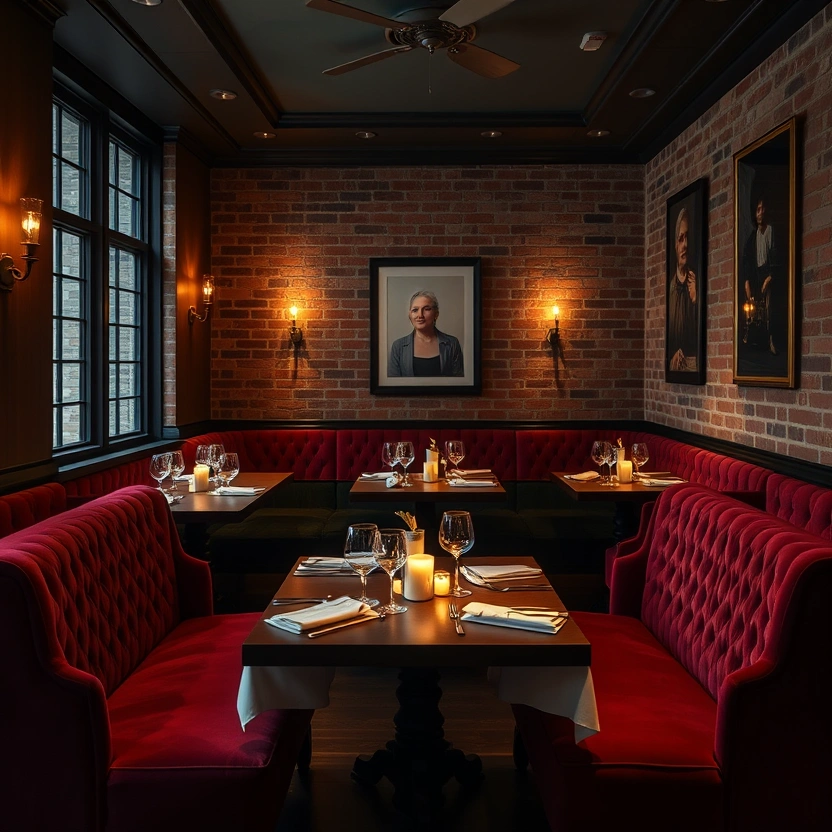 Intimate dining room with velvet seating
